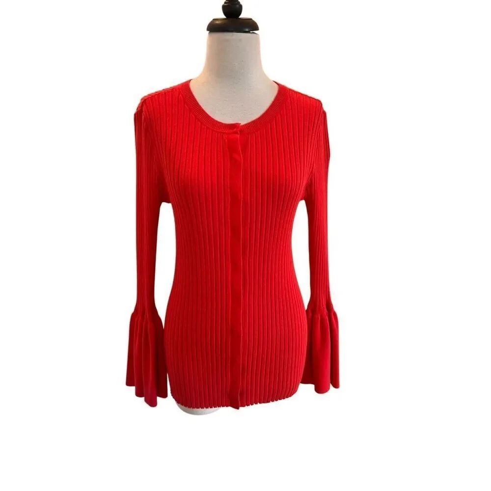 Cabi Women's Ribbed Trumpet Bell Sleeve Button Front Cardigan Red Medium